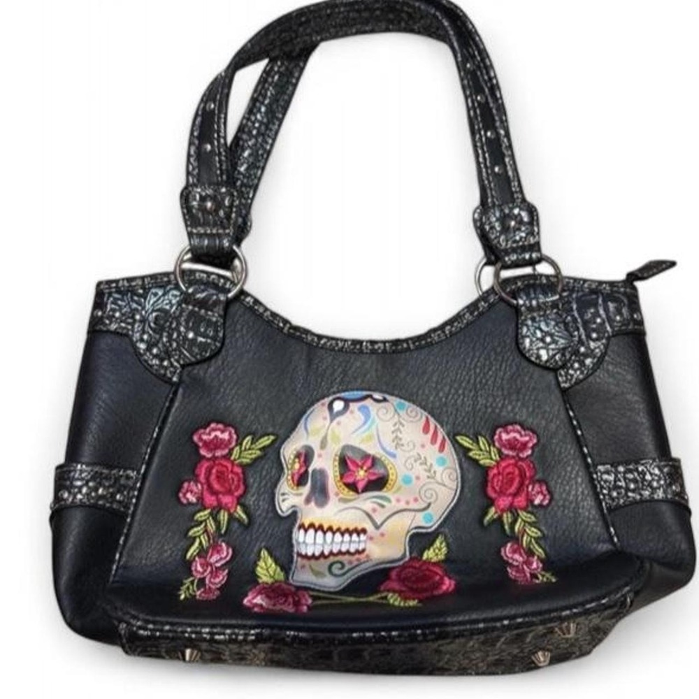 Y2K Embroidered Sugar Skull Purse Gothic Floral Day of the Dead Shoulder Bag